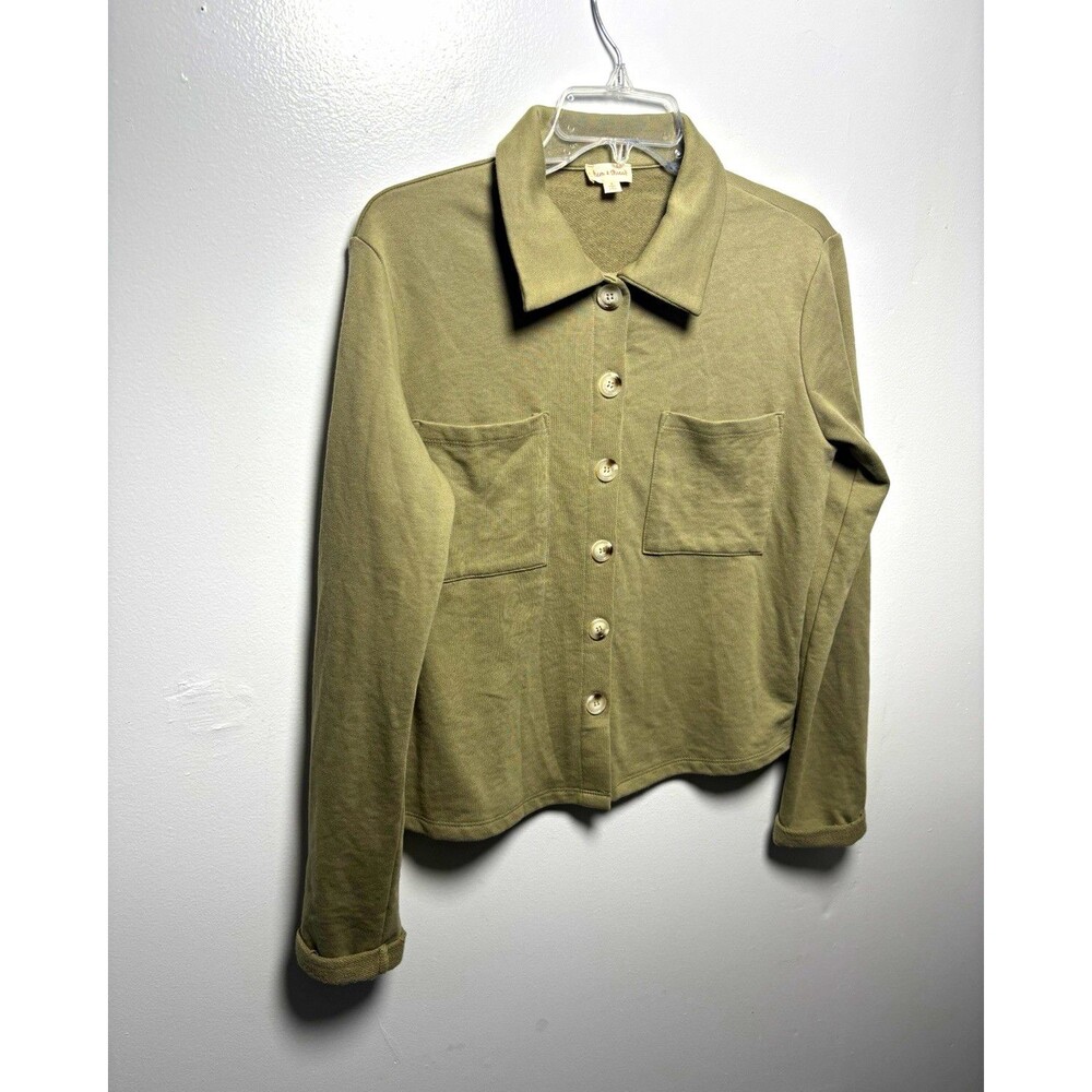 hem & thread Women M Green Solid Knit Collared Long Slv Button Up Top Pockets